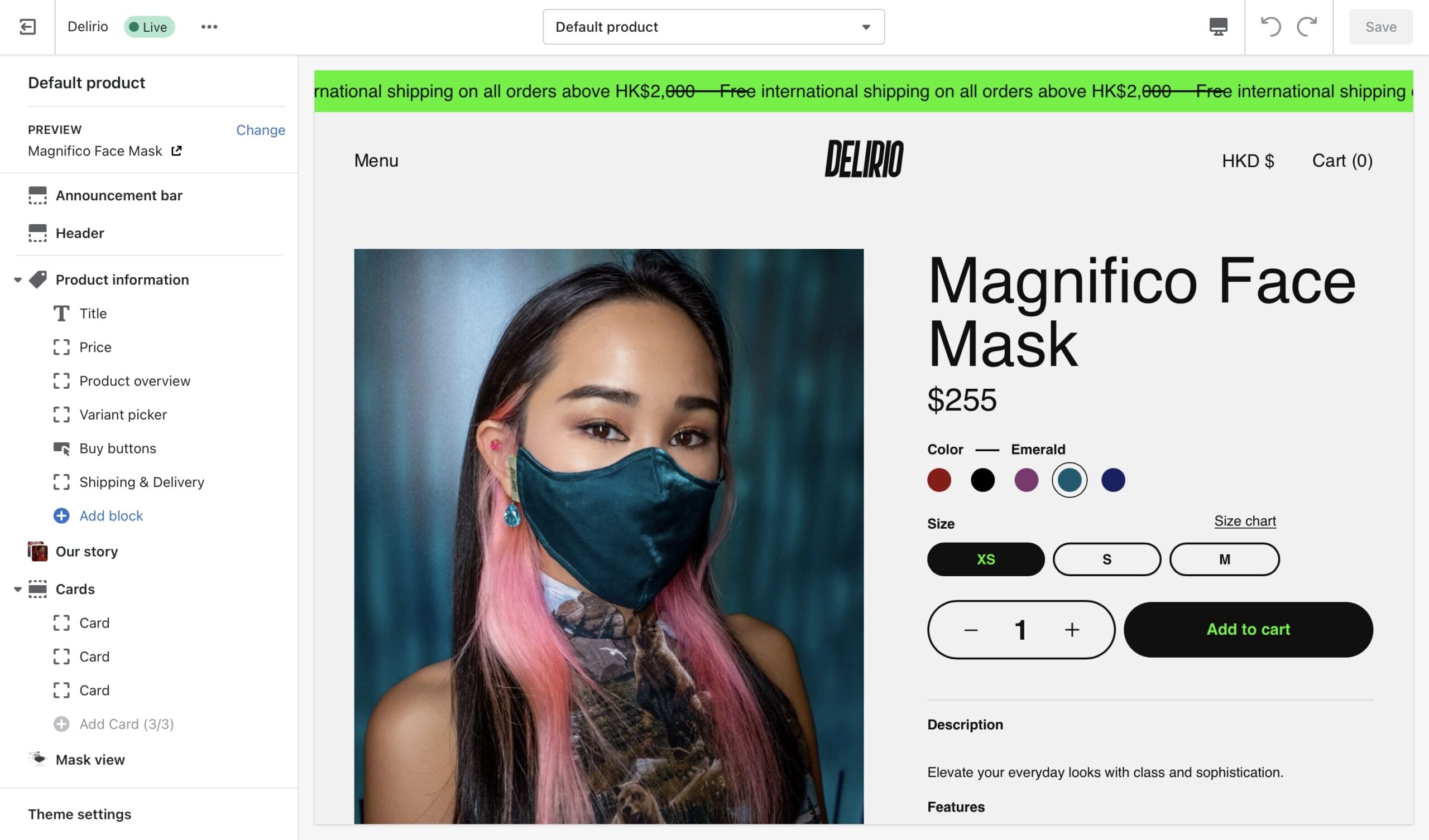 the theme customizer showing the product page, and the customizable blocks on Shopify for the Delirio The Label Shopify theme
